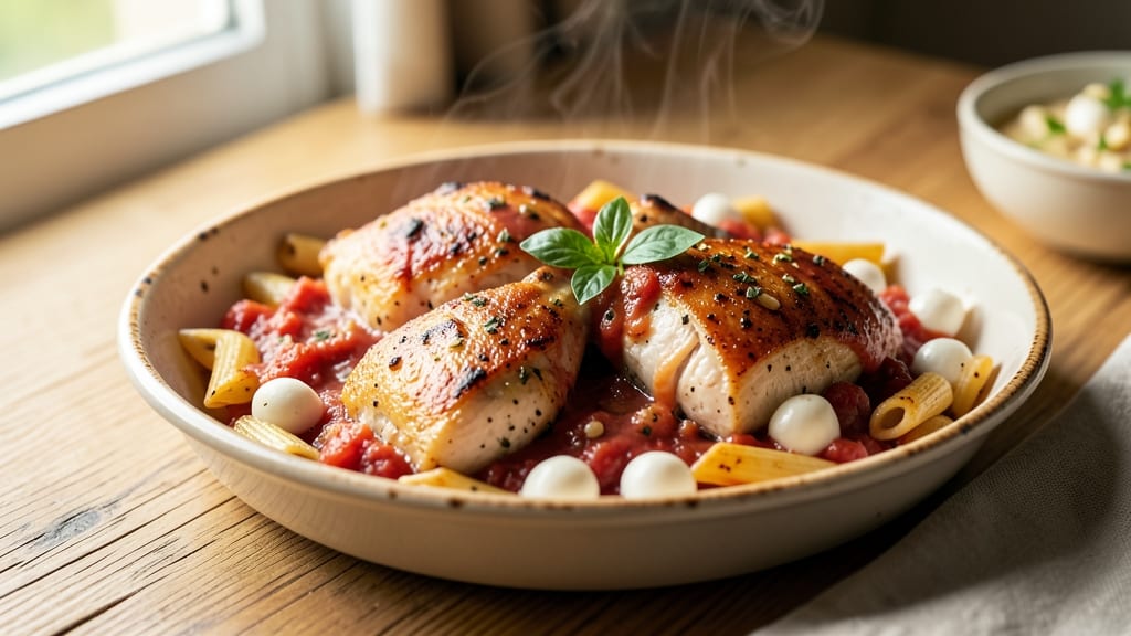 Baked Creamy Chicken, Mozzarella, and Pasta Recipe: Melty Cheese and Herbed Tomato Harmony