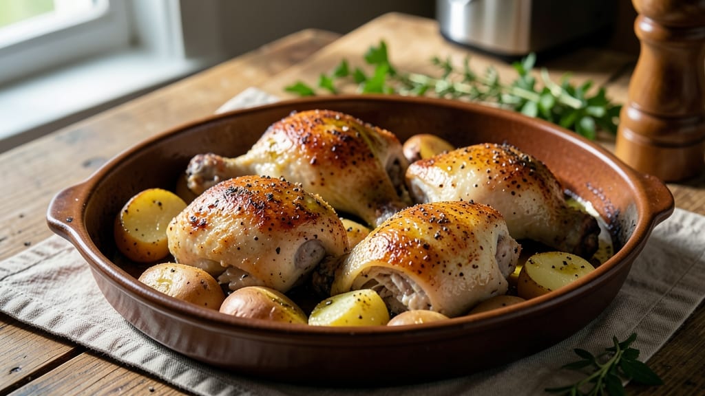 Baked Chicken Legs and Potatoes Recipe: Crispy Skin, Fluffy Spuds in One Pan