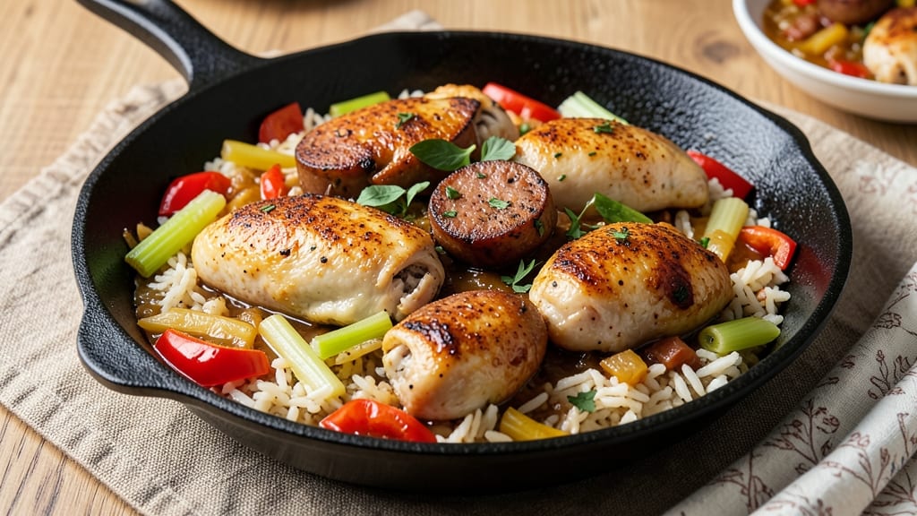 Baked Chicken and Sausage Jambalaya Recipe: Spiced Rice Pot with Smoky Sausage and Juicy Chicken
